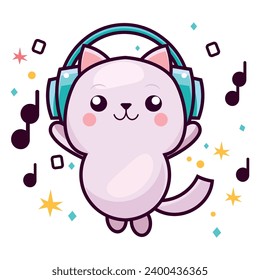 Vector of a cute cat listening to music