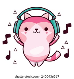 Vector of a cute cat listening to music