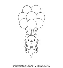 Vector a cute cat in love flies on balloons coloring book page for kids valentine's day