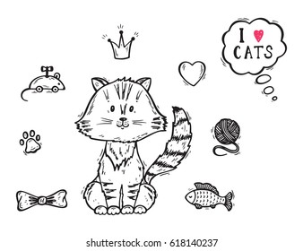 Vector Cute Cat. Pet item set. I love cats. Hand Drawn Doodle Kitten and accessories for Pets