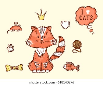 Vector Cute Cat. Pet item set. I love cats. Hand Drawn Doodle Kitten and accessories for Pets