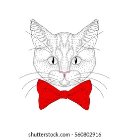 Vector cute cat portrait. Hand drawn hipster kitty head with red bow tie, cheerful fashion animal cartoon illustration for t-shirt print, kids greeting card, invitation for pet party.