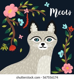 Vector cute cat portrait. Hand drawn funny gray kitten. Set of adorable cartoon animal and floral elements for greeting card, poster, background, apparel, children book illustration