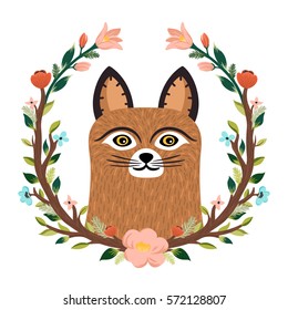 Vector cute cat portrait. Hand drawn set of funny kitten face and floral frame. Adorable cartoon animal and flowers for greeting card, poster, background, t-shirt print, children book illustration