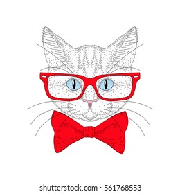Vector cute cat portrait with hipster glasses. Hand drawn kitty head with red bow tie, cheerful fashion animal cartoon illustration for t-shirt print, kids greeting card, invitation for pet party.