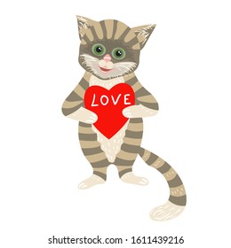 Vector of cute cat with red heart.Valentine`s day design element