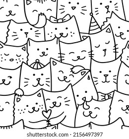 Vector Cute Cat Seamless Pattern. Cartoon Doodle Animals Outline Background. Kawaii Kittens for children. Great for fabric, textile, wallpaper, wrapping, t-shirt print. Black lines isolated on a white