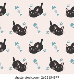 Vector Cute cat seamless pattern,Cartoon Animals Background. Design for textile, fabric, wrapping, wallpaper, print. Vector illustration