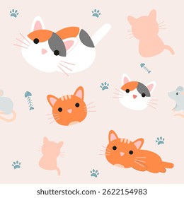 Vector Cute cat seamless pattern,Cartoon Animals Background. Design for textile, fabric, wrapping, wallpaper, print. Vector illustration