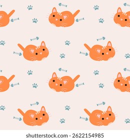 Vector Cute cat seamless pattern,Cartoon Animals Background. Design for textile, fabric, wrapping, wallpaper, print. Vector illustration