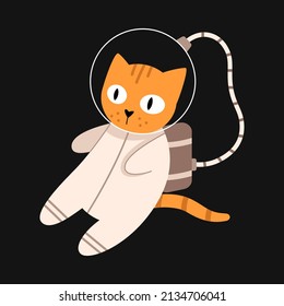 Vector cute cat in space. Cat astronaut in flat design. Funny animal flying in the galaxy.