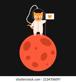 Vector cute cat in space puts a flag on a red planet. Cat astronaut in flat design. Funny animal astronaut standing next to a white flag.