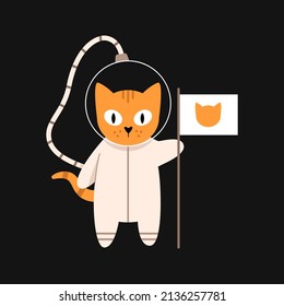 Vector cute cat in space puts a flag. Cat astronaut in flat design. Funny animal astronaut standing next to a white flag.