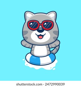 Vector cute cat in sunglasses floating with swimming. flat cartoon style