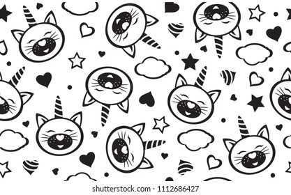 Vector cute cat unicorn and elements seamless pattern, black and white  silhouettes, isolated on white.