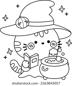 a vector of a cute cat wizard in black and white coloring