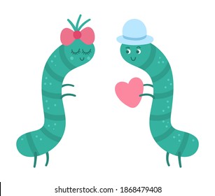 Vector cute caterpillars pair. Loving couple illustration. Love relationship or family concept. Romantic insects isolated on white background. Funny Valentine’s day characters.
