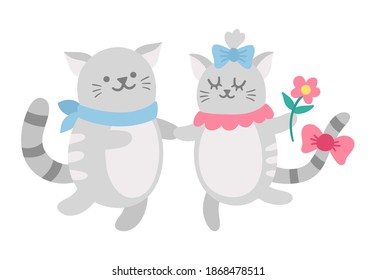 Vector cute cats pair. Loving animal couple illustration. Love relationship or family concept. Hugging kittens isolated on white background. Funny Valentine’s day characters.
