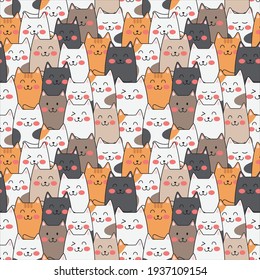 Vector cute cats pastel color seamless pattern background.