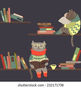 Vector cute cats reading books on bookshelves