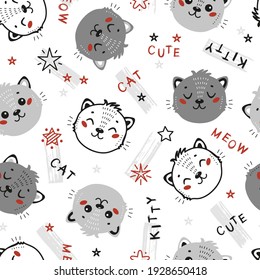Vector Cute Cats Seamless Pattern. Childish Background with Little Kitten Heads. Baby Animals Drawing for Tee Print for Kids