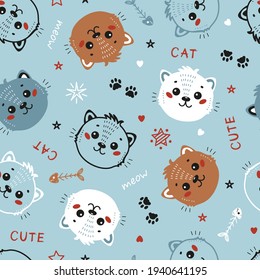 Vector Cute Cats Seamless Pattern. Childish Background with Little Kitten Heads. Baby Animals Drawing for Tee Print for Kids.