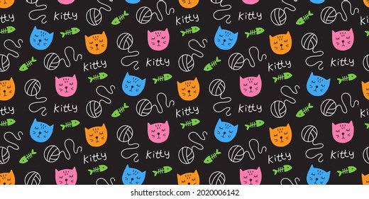 Vector Cute Cats Seamless Pattern. Hand drawn Cat cartoon characters repeat background. Creative childish pink texture. Kitten doodles, birthday greeting card, scarf textile design, wrapping paper