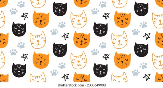 Vector Cute Cats Seamless Pattern. Hand drawn Cat cartoon characters repeat background for kids fashion textile, kitten doodles, birthday greeting card, baby shower design, wrapping paper