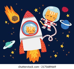 a vector of cute cats in space with planets and meteor