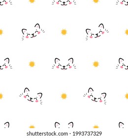 Vector Cute Cats and Stars Seamless Pattern. Childish Background with Little Kitten Heads. Baby Animals Drawing for Tee Print for Kids