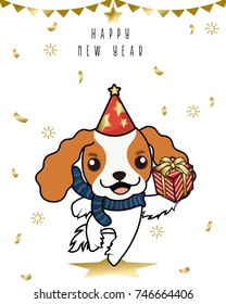 Vector Cute Cavalier King Charles Spaniel Dog In Happy New Year Party , Holding Red Gift Box , And Wearing Cone Hat And Scarf, On Gold Paper Shoot Background ,winter Season