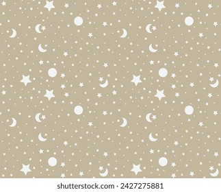 Vektor Niedliche Himmelskindernacht
Sky Stars Halbmond Vektor Nahtloses Muster Boho Baby zarter Hintergrund Weiche Farben Universum Oberfläche Design für Kinder Stoff und Kinderzimmer Dekor