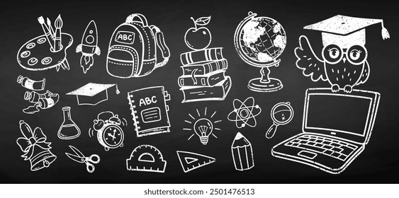 Vector cute chalk drawn illustration collection of back to school education symbols and objects on chalkboard background