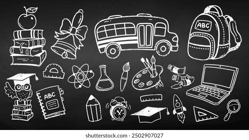 Vector cute chalk drawn illustration set of back to school education symbols and objects on chalkboard background