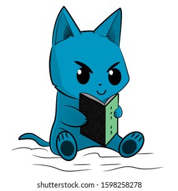 Vector cute character. Kawaii character is sitting and reading a book. Blue cute cat is reading a book while sitting.