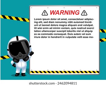 Vector cute Character wearing white Protective suit and gas mask with a message board which you can replace text. PPE suit, Industrial safety, isolated on white background.