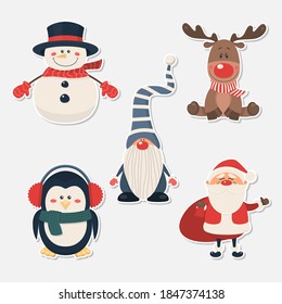 Vector Cute Characters and Animals. Patches, Stickers Set. Santa Claus, Snowman, Reindeer, Gnome, Penguin in Cartoon Flat Style. Design Template for Merry Christmas and Happy New Year Card