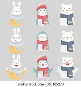 Los personajes lindos vectores animales muestran emociones como la felicidad, la cara triste y sonriente. Oso blanco, pingüino polar y conejo