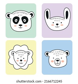 Vector cute characters in doodle style.  Colorful background with cartoon animals.  Colored flat illustration for your creativity.