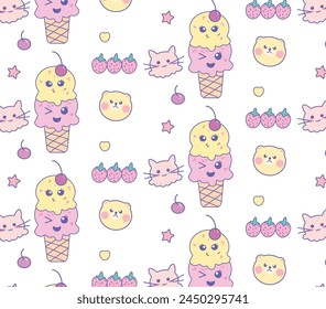 Vector con personajes lindos. helado, osito de peluche, Fondo de pantalla de dibujos animados de gato