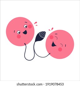 Vector cute characters. Lovely cherries sing a song. A leaf imitate a microphone. Isolated on a white background. Print, postcard, poster, sticker.