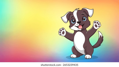 Vector cute cheerful cartoon smiling joyful friendly little chocolate puppy. Young dog with raised front paws, greets, wants to hug. White and brown doggie. Colorful rainbow gradient background