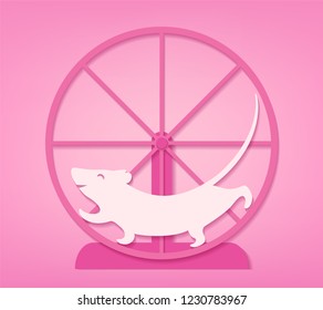 Vector cute cheerful cut out paper rat or mouse silhouette in wheel 