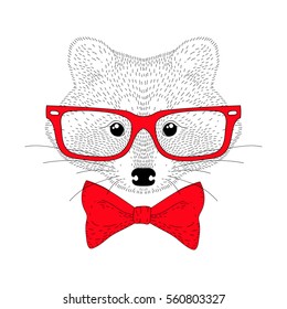 Vector cute cheerful fashion raccoon portrait. Hand drawn hipster anthropomorphic animal head with red bow tie, glasses. Illustration for t-shirt print, kids greeting card, invitation for party