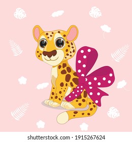Vector cute cheetah sitting with bow. Vector illustration perfect for greeting cards, party invitations, posters, stickers, clothing.