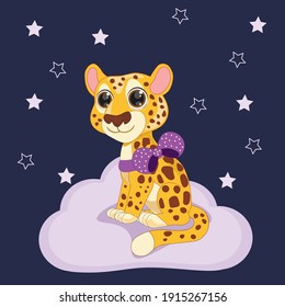 Vector cute cheetah sitting isolated on the dark blue background. Vector illustration perfect for greeting cards, party invitations, posters, stickers, clothing.