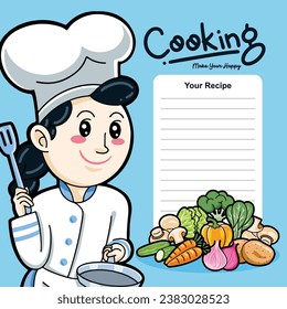 vector cute chef girl in uniform character holding a turner food restaurant logo cartoon art illustration