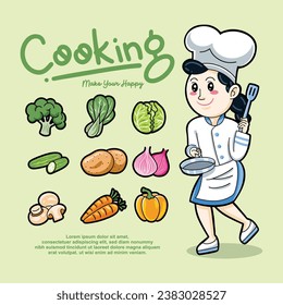 vector cute chef girl in uniform character holding a turner food restaurant logo cartoon art illustration