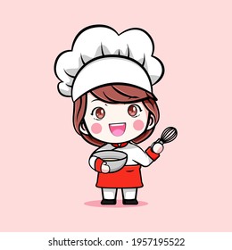 vector of cute cheff girl with dough bowl and wisk