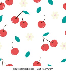 Vector cute cherry pattern on white background. Cute background for fabric, wallpaper.
